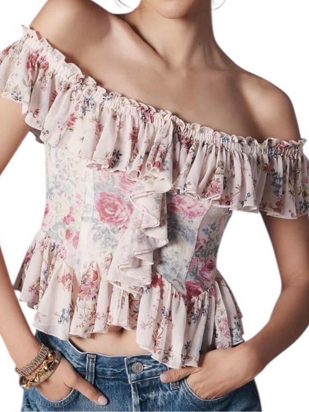 Anthropologie Floral Off-Shoulder Ruffle Crop Top — Blush Pink & Rose
